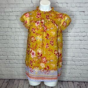 Joie Mustard Yellow, Pink, and Periwinkle Purple Ruffle Neck Blouse Size M